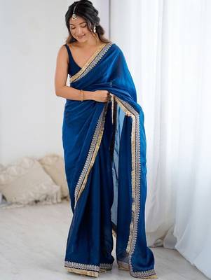 Blue ethnic motifs embroidered satin saree 3