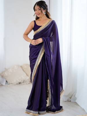 Purple embellished embroidered satin designer saree 1