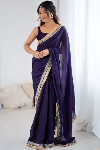 Purple embellished embroidered satin designer saree