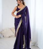 Purple embellished embroidered satin designer saree