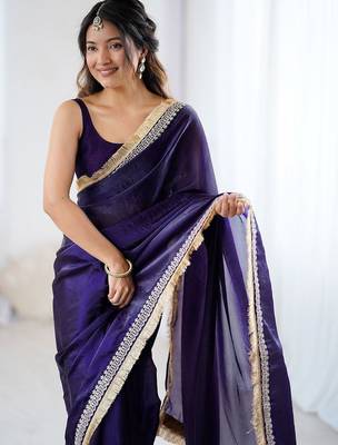 Purple embellished embroidered satin designer saree 2