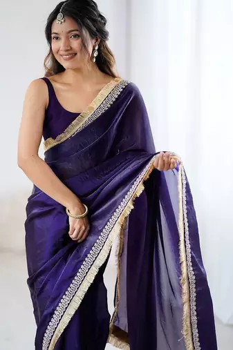 Purple embellished embroidered satin designer saree
