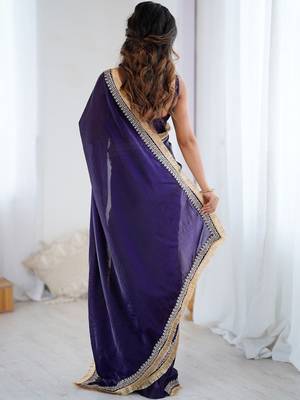 Purple embellished embroidered satin designer saree 3