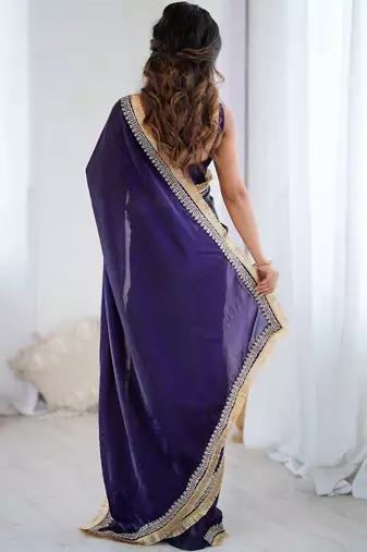 Purple embellished embroidered satin designer saree