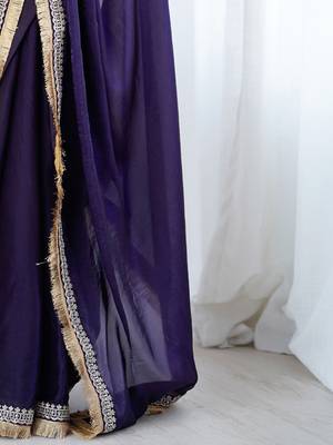Purple embellished embroidered satin designer saree 4