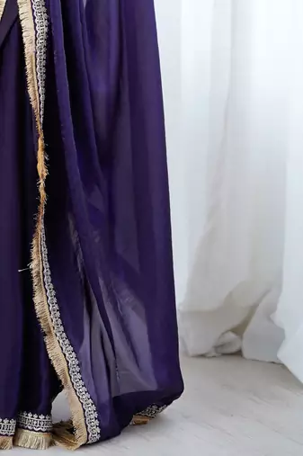 Purple embellished embroidered satin designer saree
