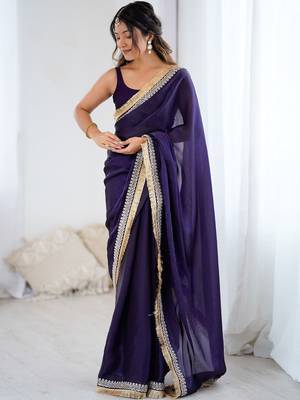 Purple embellished embroidered satin designer saree 5