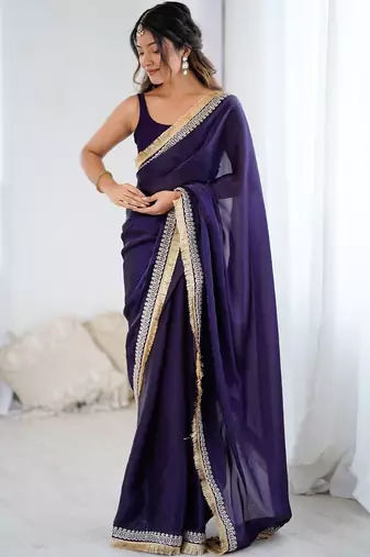 Purple embellished embroidered satin designer saree