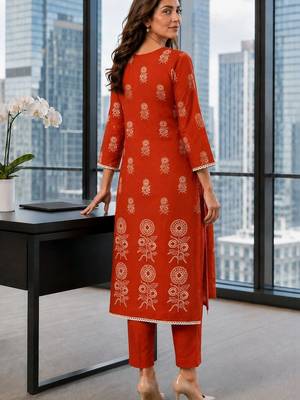 women ethnic motifs printed regular mirror work  cotton kurta with trousers & with dupatta 2