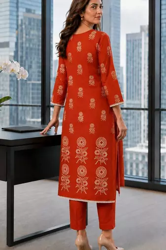 women ethnic motifs printed regular mirror work  cotton kurta with trousers & with dupatta