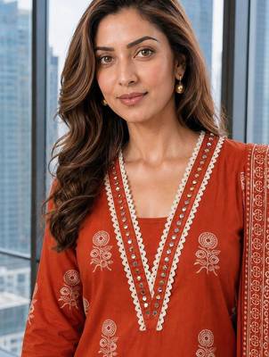 women ethnic motifs printed regular mirror work  cotton kurta with trousers & with dupatta 3
