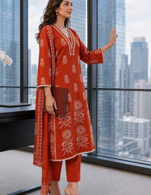 women ethnic motifs printed regular mirror work  cotton kurta with trousers & with dupatta 1