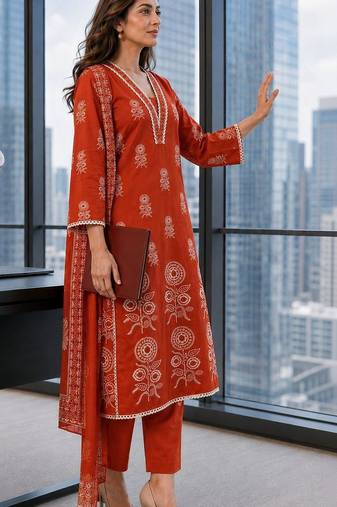 women ethnic motifs printed regular mirror work  cotton kurta with trousers & with dupatta