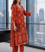 women ethnic motifs printed regular mirror work  cotton kurta with trousers & with dupatta