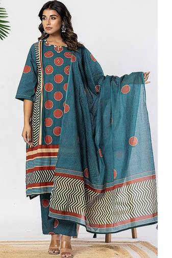 women printed regular thread work  cotton kurta with palazzos & with dupatta