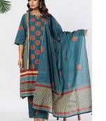 women printed regular thread work  cotton kurta with palazzos & with dupatta