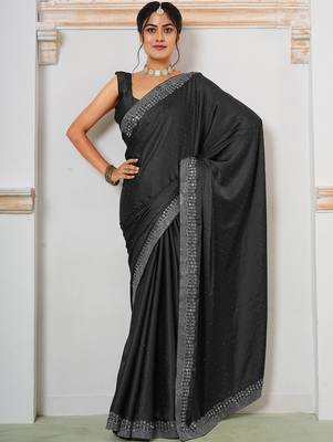 Black black embellished beads and stones satin saree 1