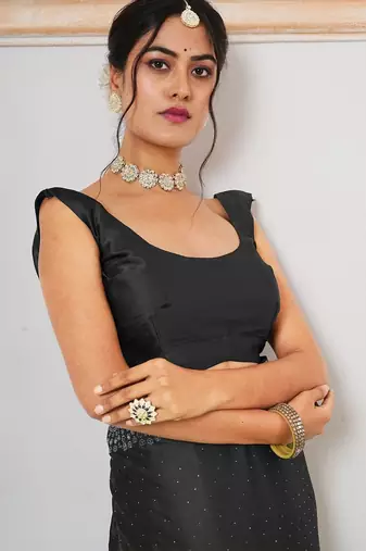 Black black embellished beads and stones satin saree