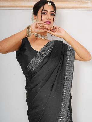 Black black embellished beads and stones satin saree 5
