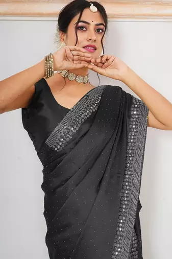 Black black embellished beads and stones satin saree