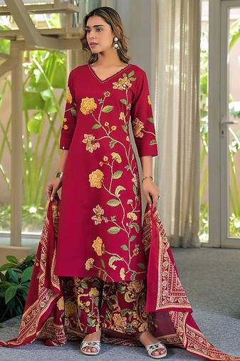 women floral embroidered regular thread work  cotton kurta with palazzos & with dupatta
