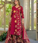 women floral embroidered regular thread work  cotton kurta with palazzos & with dupatta
