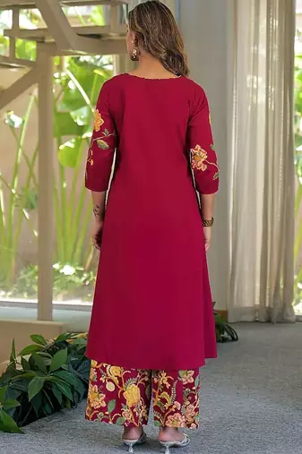 women floral embroidered regular thread work  cotton kurta with palazzos & with dupatta
