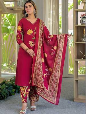 women floral embroidered regular thread work  cotton kurta with palazzos & with dupatta 3