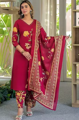 women floral embroidered regular thread work  cotton kurta with palazzos & with dupatta
