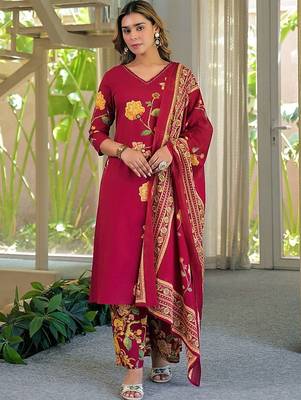 women floral embroidered regular thread work  cotton kurta with palazzos & with dupatta 4