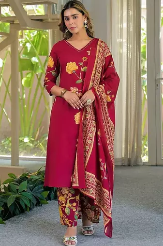 women floral embroidered regular thread work  cotton kurta with palazzos & with dupatta