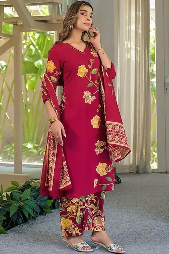 women floral embroidered regular thread work  cotton kurta with palazzos & with dupatta