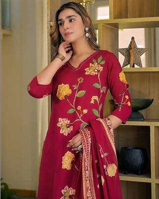 women floral embroidered regular thread work  cotton kurta with palazzos & with dupatta 6