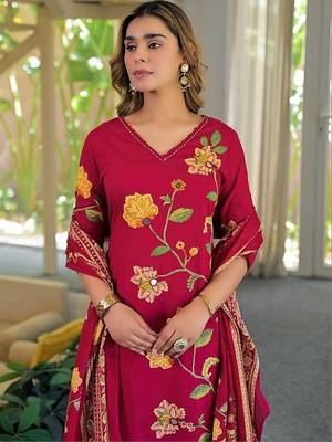 women floral embroidered regular thread work  cotton kurta with palazzos & with dupatta 7