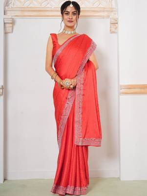 Red women embellished mirror work satin saree 1