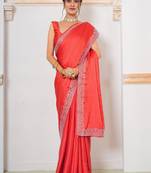 Red women embellished mirror work satin saree