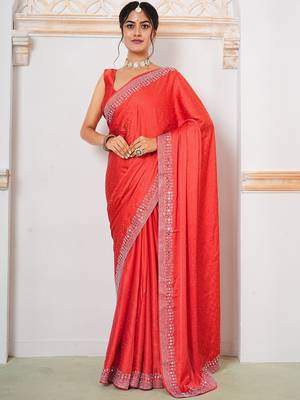Red women embellished mirror work satin saree 2