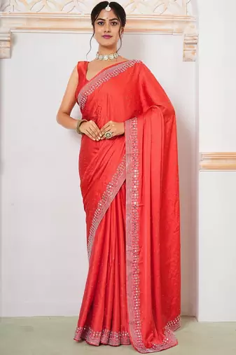 Red women embellished mirror work satin saree