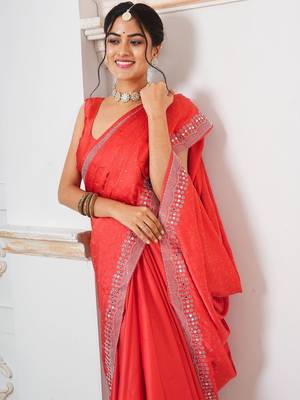 Red women embellished mirror work satin saree 3