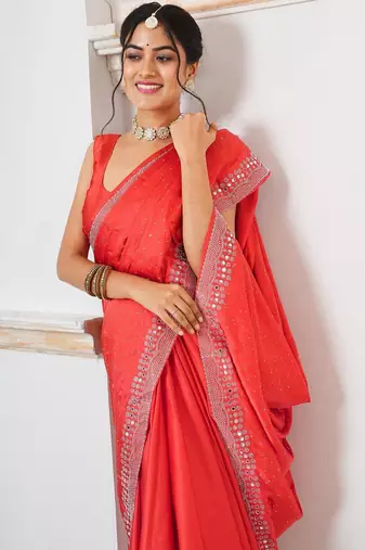 Red women embellished mirror work satin saree