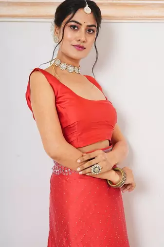 Red women embellished mirror work satin saree