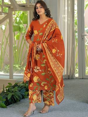 women floral printed regular mirror work  cotton kurta with palazzos & with dupatta 1
