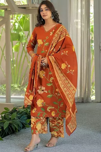 women floral printed regular mirror work  cotton kurta with palazzos & with dupatta
