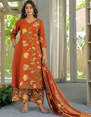 women floral printed regular mirror work  cotton kurta with palazzos & with dupatta 2