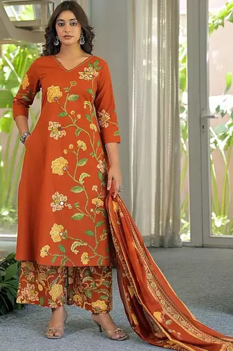 women floral printed regular mirror work  cotton kurta with palazzos & with dupatta