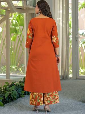 women floral printed regular mirror work  cotton kurta with palazzos & with dupatta 3