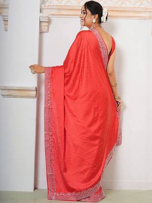 Red women embellished mirror work satin saree 5