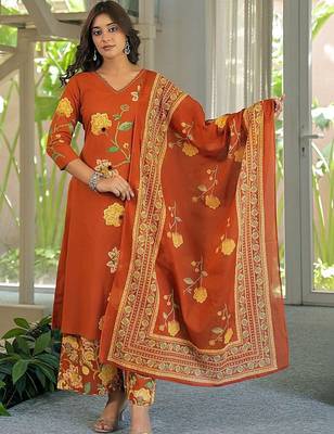 women floral printed regular mirror work  cotton kurta with palazzos & with dupatta 4