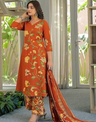 women floral printed regular mirror work  cotton kurta with palazzos & with dupatta 5