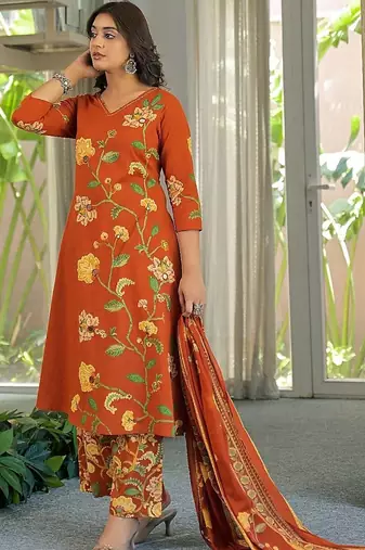 women floral printed regular mirror work  cotton kurta with palazzos & with dupatta